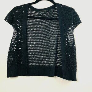 BCBGMaxAzria Black Sequins Open Woven Cap Sleeve Cardigan- Size Large